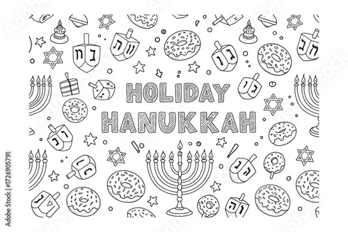 Hanukkah celebration coloring page festive holiday family fun creative activity joyful atmosphere. Vector illustration