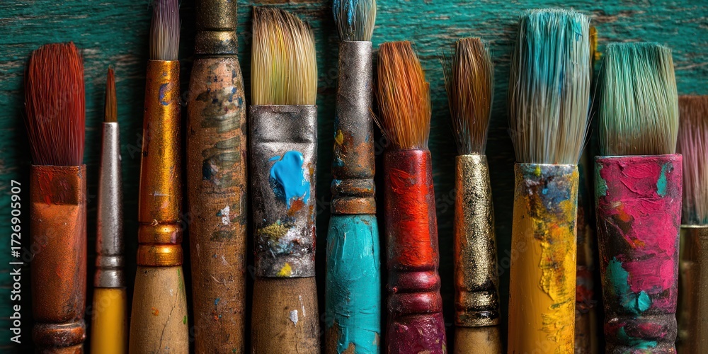 Fototapeta premium A collection of various paint brushes with different colors and textures, arranged on a green wooden surface.