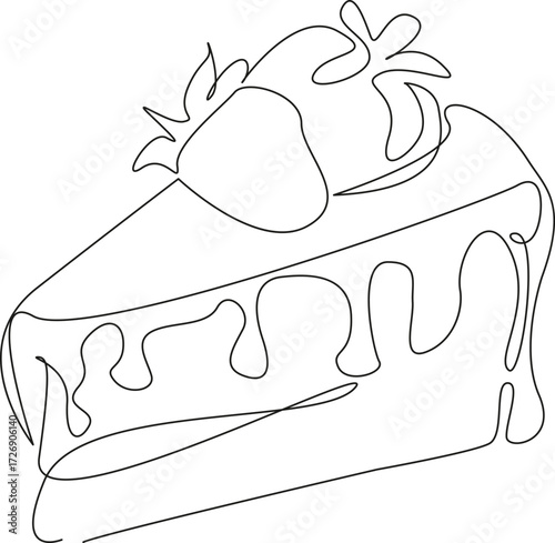 One continuous single drawing line art flat doodle strawberry, cake, piece, delicious, berry, dessert, sweet, slice. Isolated image hand draw contour on a white background, hand drawn, not AI
