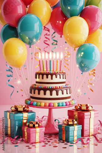 Decorated Cake, balloons, gifts and confetti card template. For Birthday party invitation or greeting card design. 