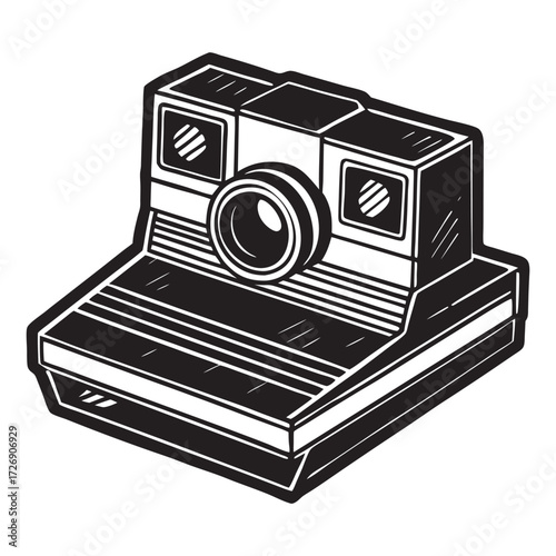 Retro instant camera with developing photo vintage photography graphic design