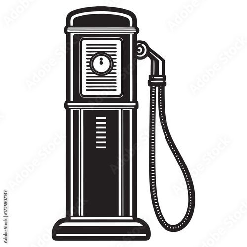 Retro 1940s cylindrical gas pump illustration with vintage signage and classic automobile elements