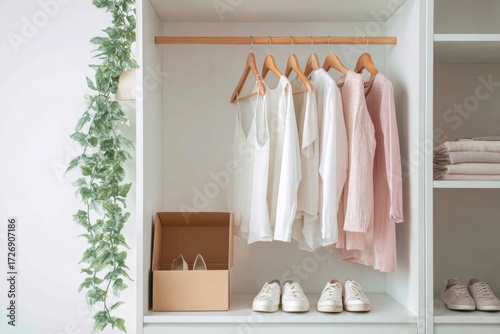 Home closet. Stylish clothes, shoes, stuff in large wardrobe. Neatly organized storage. Shelves filled with items, wooden baskets, woven boxes. Comfort Clothing organizer. Tidy efficient living space