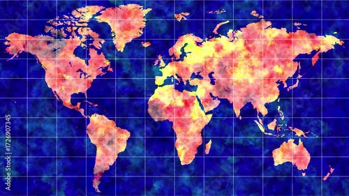 A colorful world map in a thermal visualization style, with continents in vibrant shades of red and yellow and oceans in deep blue. The animation is reminiscent of satellite images or climate maps.