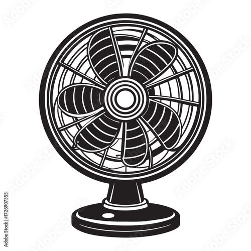 Retro metal desk fan with a protective wire grille vintage office appliance illustration