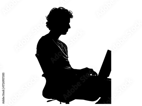 a silhouette of a man sitting in a chair using a laptopchair, computer, floor, job, lap, laptop, man, office chair, person, profile, sit, stool, swivel chair 