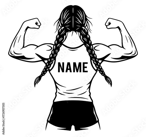 Back view of a strong woman with braided hair flexing biceps, fitness, gym, strength, female, power