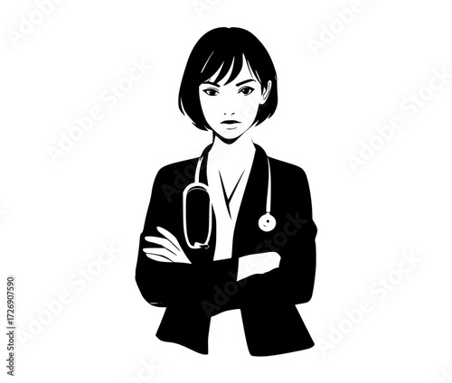 a black and white silhouette of a female nurse with a stethoscope around her neckarm, black, business suit, cross, doctor, illustration, lab coat, neck, nurse, scrub, stand, stethoscope, wear, woman 