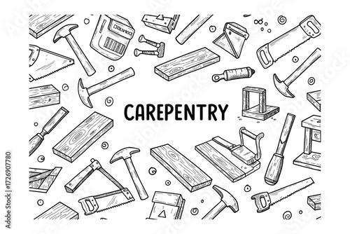 Carpentry tools and techniques showcase workshop setting creative overhead view diy enthusiasts. Vector illustration