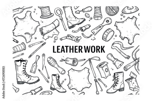 Leather work techniques and tools artisan workshop graphic creative environment top-down view craftsmanship essentials. Vector illustration