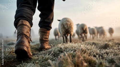 Shepherd walks through frosty grass following a flock of sheep at dawn in a rural landscape