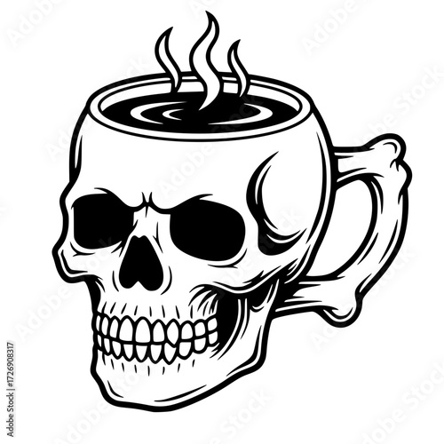 Skull coffee mug with steam and bone handle, coffee, skull, morning, dark humor, caffeine