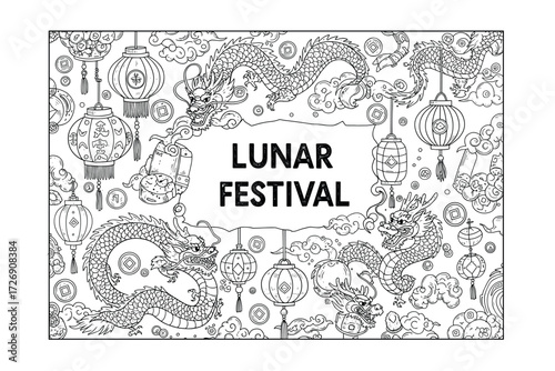 Lunar festival celebration asia festive environment aerial view cultural significance. Vector illustration