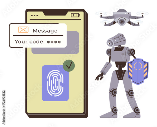 Smartphone displays secure fingerprint and message verification, accompanied by a surveillance quadcopter and a robot holding a shield. Ideal for technology, security, innovation, digital protection