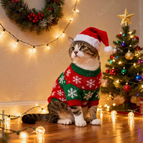 A cute cat wearing festive holiday clothing, such as a Christmas sweater and a Santa hat, sitting indoors with warm holiday decorations like Christmas lights and ornaments around, high quality