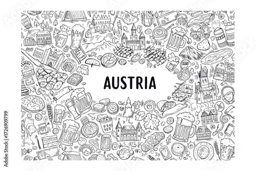 Cultural delights of austria gastronomy and landmarks artistic culinary environment aerial view exploration. Vector illustration
