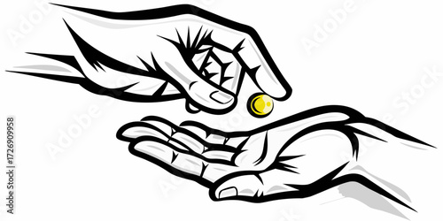 Stylized illustration of one hand giving a single gold coin to another open hand