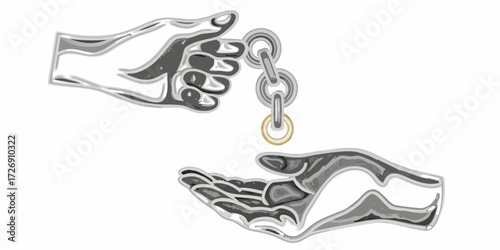 Two stylized hands exchanging a chain with a golden ring symbolizing transfer of ownership or a significant transaction
