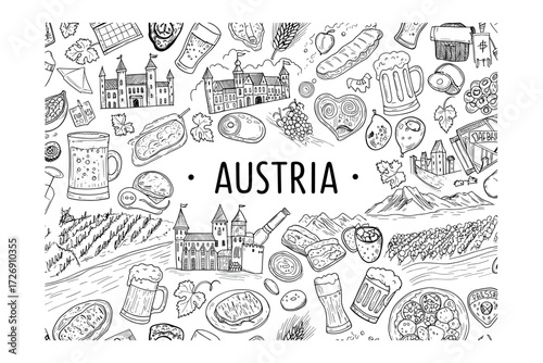 Culinary adventure in austria food and drink illustrations cultural elements whimsical style graphic. Vector illustration