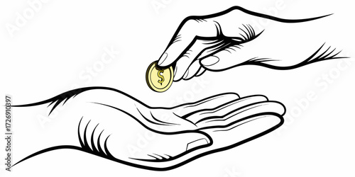 Stylized illustration of one hand giving a gold coin with a dollar sign to another open hand