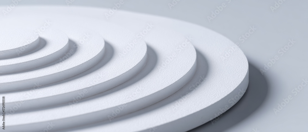 Obraz premium Calm abstract background with white minimalist ripple pattern. Concentric circles and steps create serene wave shape, expressing harmony and order in simple design