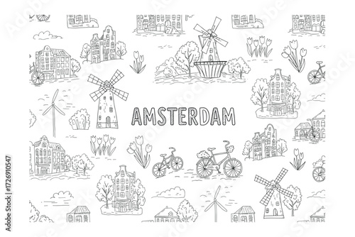 Exploring amsterdam's iconic windmills and architecture illustrated urban environment city view. Vector illustration