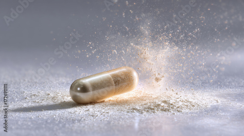 Macro close up view of medicine capsule with powder in powerful burst. health supplement pill with an intense glow representing potent energy and fast release