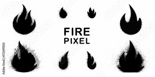 Collection of black pixelated fire icons and flames with text fire pixel