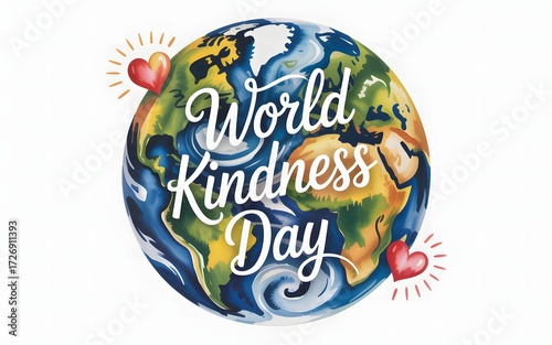Watercolor earth with world kindness day message and hearts