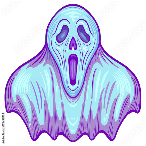 Ghost illustration with haunting expression and blue gradient colors  