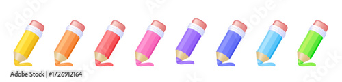 Colorful pencils with erasers in tilted writing position, isolated stationery and office supply symbol for education and design. Set of isolated vector icons. 3d Illustration collection.