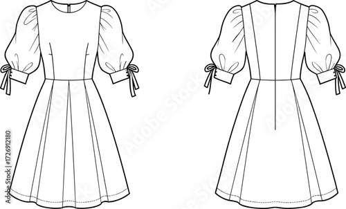 Women's stylish midi dress technical flat sketch vector illustration drawing design pattern with sleeveless cut, high round neck, fitted bodice, elastic shirred waist, 