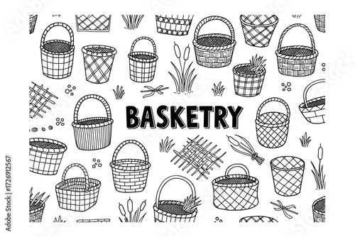 Basketry crafting techniques creative space overhead view handicraft inspiration. Vector illustration