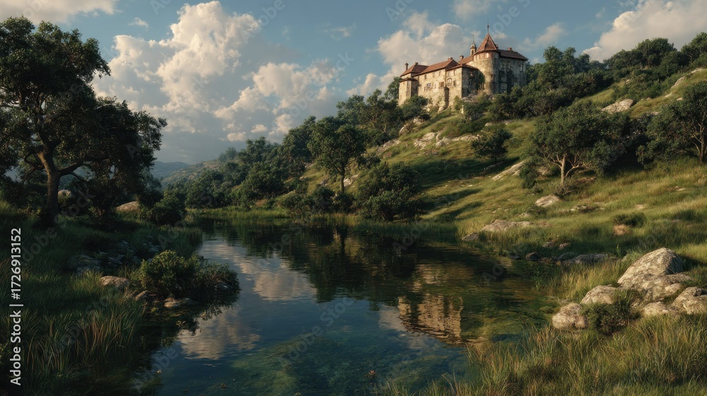 Naklejka premium Scenic view of a castle on a hill overlooking a reflective lake and landscape