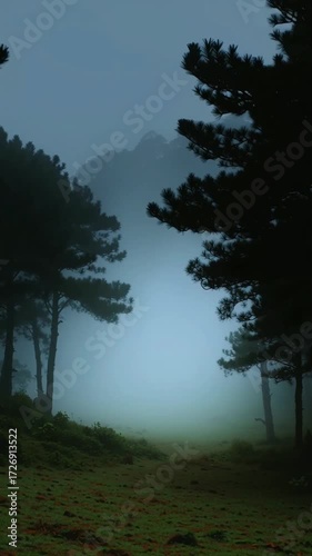 A serene forest scene with tall dark trees silhouetted against a soft, misty light illuminating a pathway in the distance, evoking tranquility and solitude