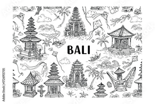 Exploring traditional balinese architecture bali illustrative tropical paradise aerial view cultural heritage. Vector illustration