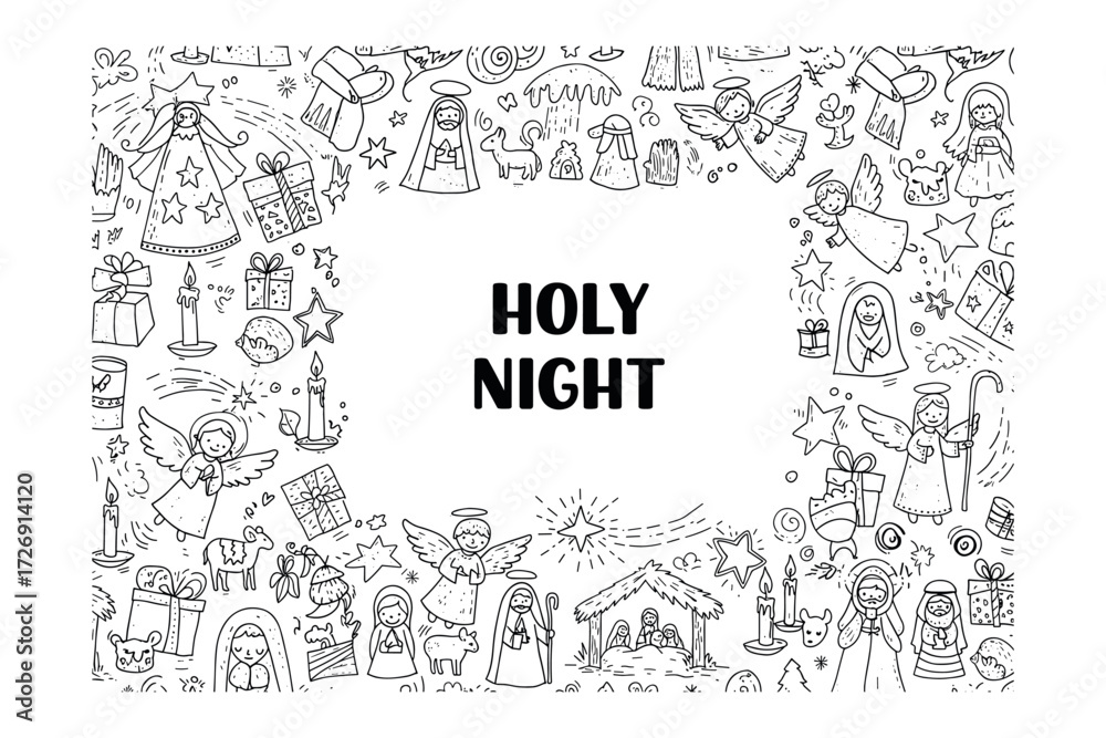 Naklejka premium Celebrating holy night with festive angels and nativity scenes cozy home environment whimsical. Vector illustration