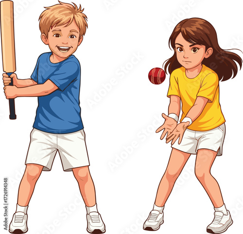 Children playing cricket, boy batting, girl catching ball, outdoor sports, summer game, teamwork, fun activity, kids cricket match, casual play, action moment