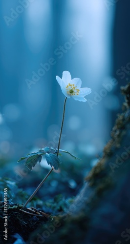 Delicate white flower in a misty forest