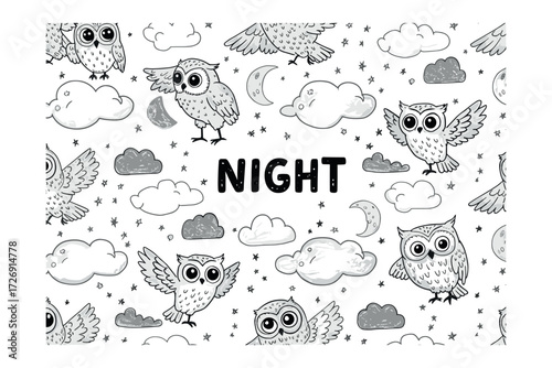Owls flying under a starry night sky whimsical digital calm environment bird's eye view. Vector illustration