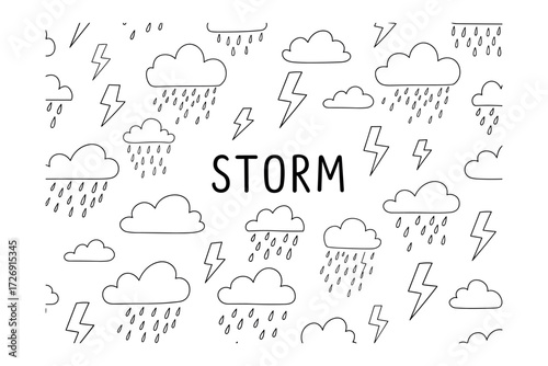 Dramatic storm clouds and lightning illustrations nature graphic design minimalist abstract concept. Vector illustration