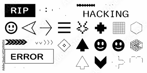 Collection of retro pixel art icons and symbols including rip error and hacking text with arrows and faces