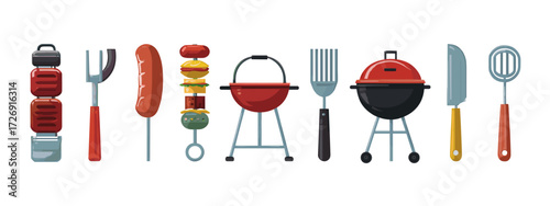 Collection of barbecue tools and food items