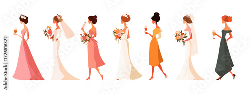 Illustration of brides in various wedding dresses