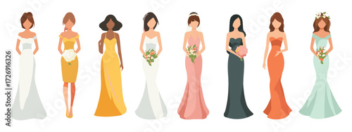 Diverse women in elegant dresses lineup