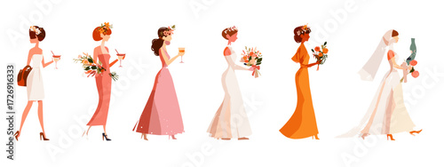 Illustrated women in wedding and party attire