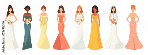 Diverse women in elegant wedding dresses