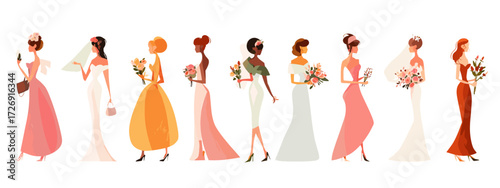 Illustration of women in wedding dresses and formal attire