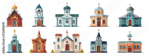 Various church buildings in different architectural styles