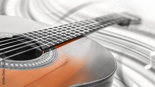 Close-Up View of a Classic Acoustic Guitar with Strings and Body Detail Against a Soft Background